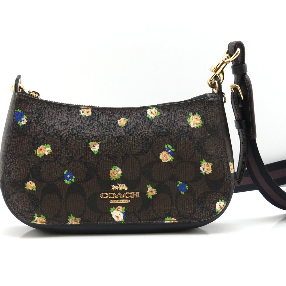 Coach C6823 Black Floral Shoulder Crossbody Bag Gold Tone Logo Adjustable Strap